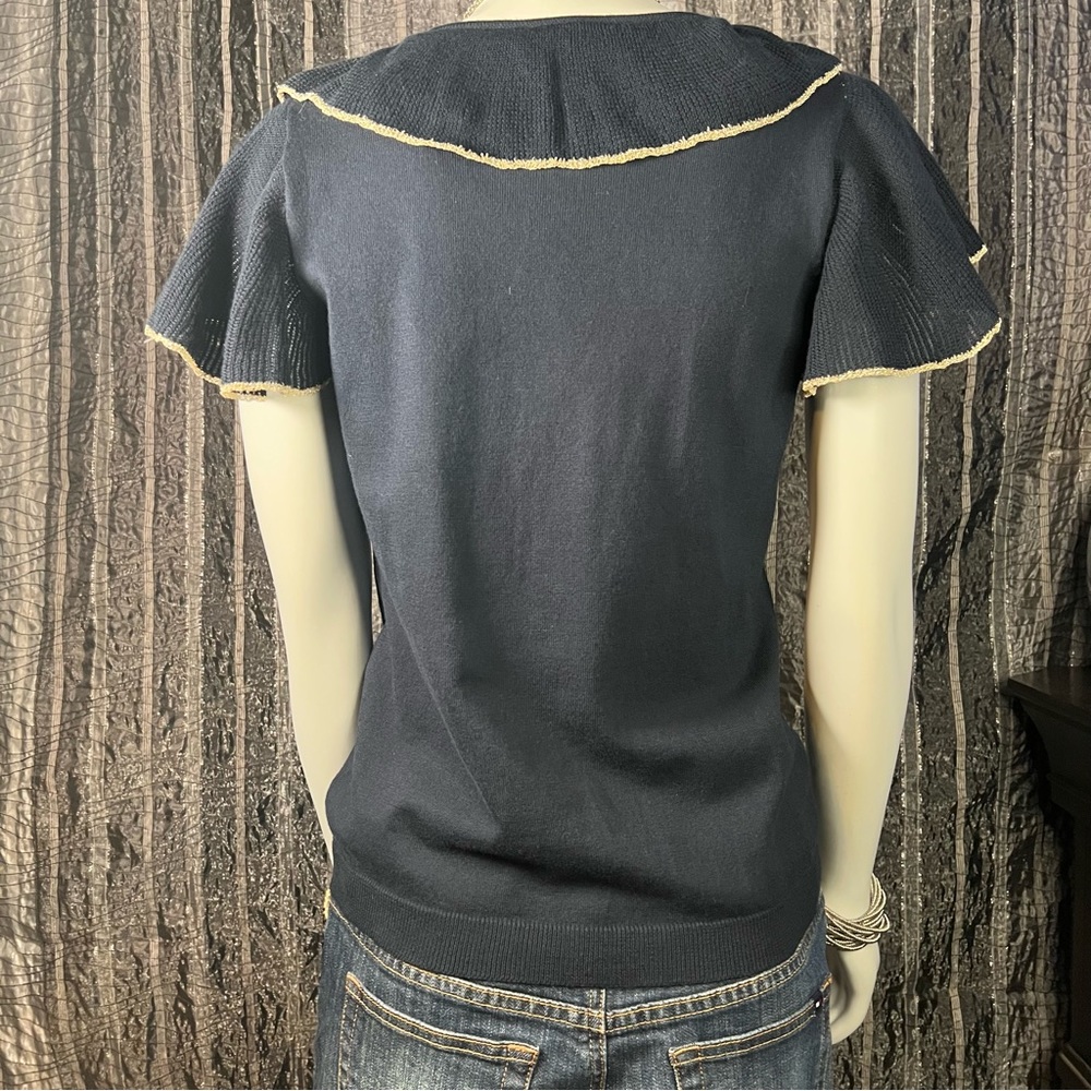 Chaps Navy Button Up Ruffle Front Top - image 6